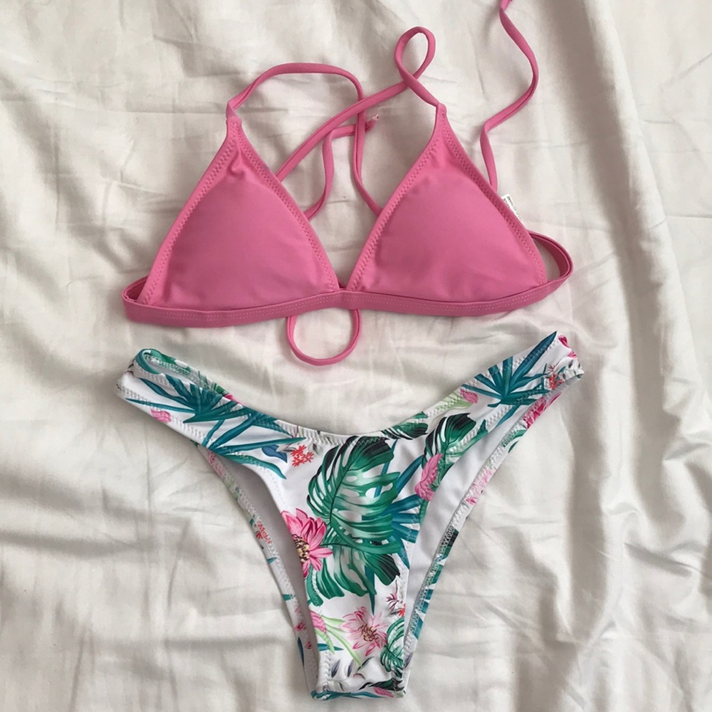 flower print pink bikini set